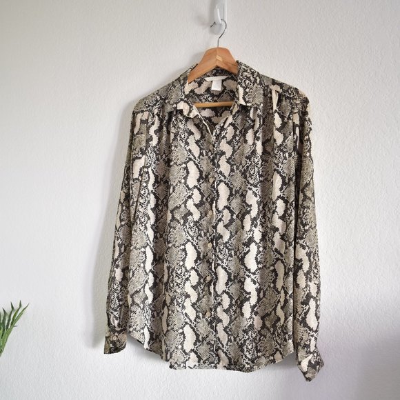 H&M Beige Snakeskin Pattern Chiffon Long Sleeve Blouse - Picture 11 of 14
